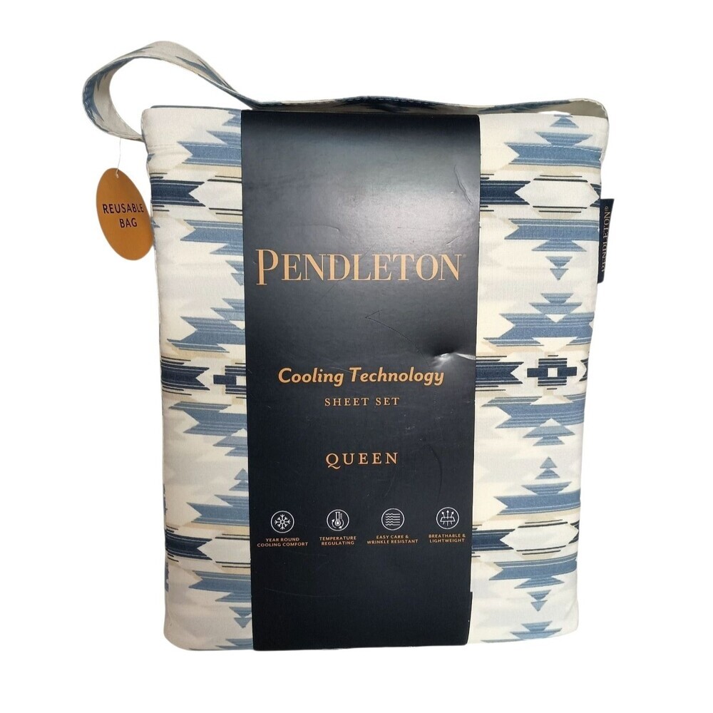 Pendleton Queen Size Sheet Set Cooling Technology Moonlit Mesa Blue Aztec - Picture 2 of 6